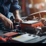 Technician Hands of car mechanic fixing auto wiring